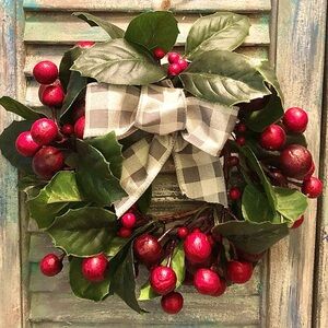 Holiday Wreath ~ Red Berries, Lush Green Leaves & Cute Bow ~ Farmhouse  ~Country